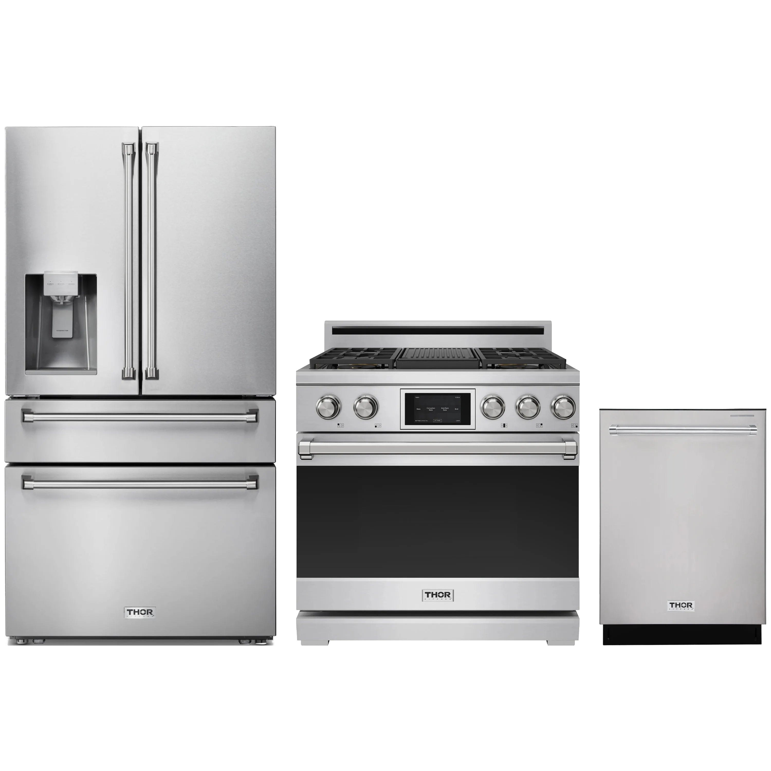 Stainless steel kitchen appliance package with dual fuel range, refrigerator, and dishwasher