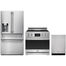 Stainless steel Thor Kitchen appliance package with 36-inch range, refrigerator with water dispenser, dishwasher