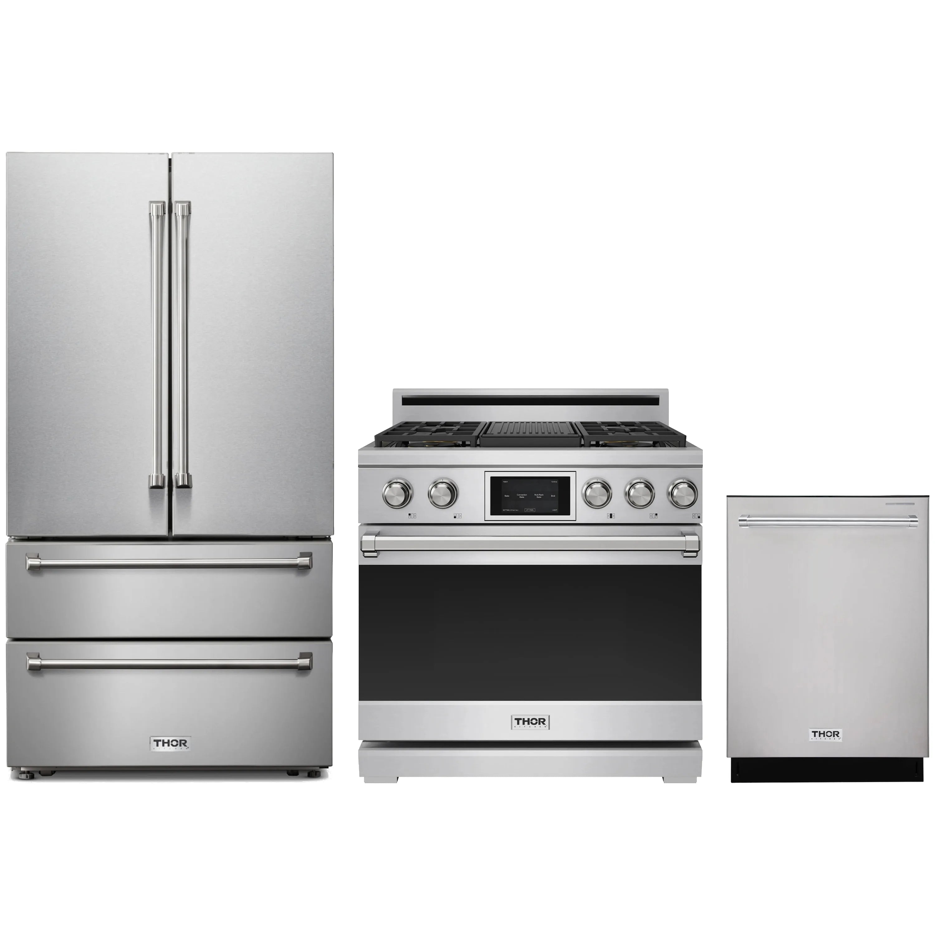 Stainless steel kitchen appliance package with refrigerator, dual fuel range, and dishwasher
