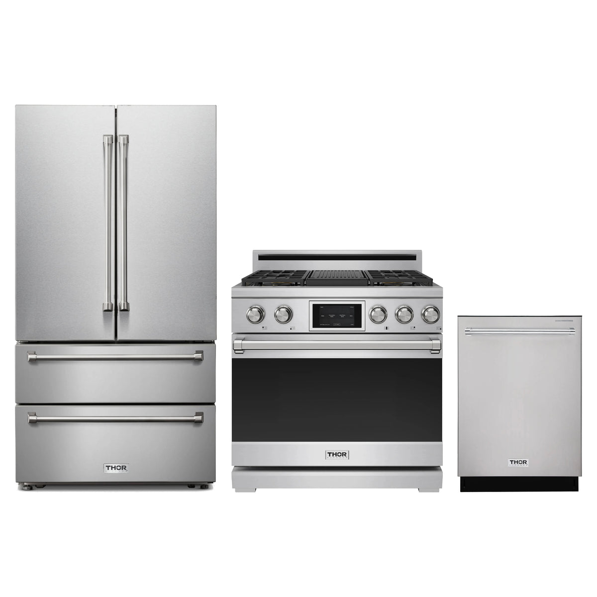 Thor Kitchen 3-Piece Appliance Package - 36-Inch Dual Fuel Range, French Door Refrigerator, & Dishwasher in Stainless Steel