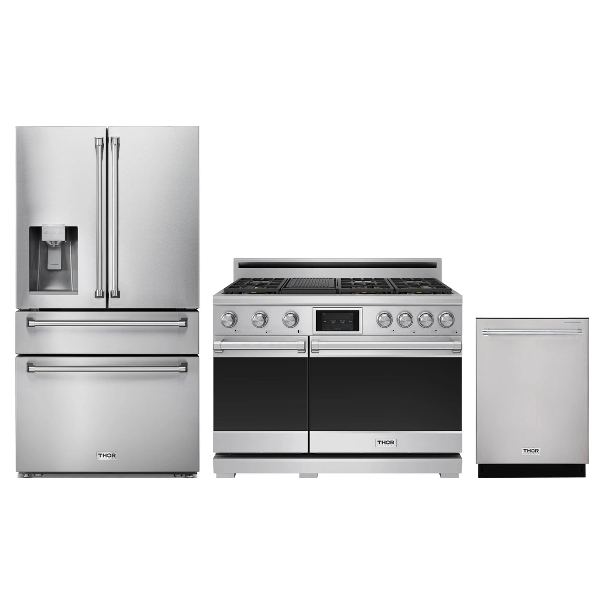 Thor Kitchen 3-Piece Appliance Package - 48-Inch Dual Fuel Range, Refrigerator with Water Dispenser, & Dishwasher in Stainless Steel