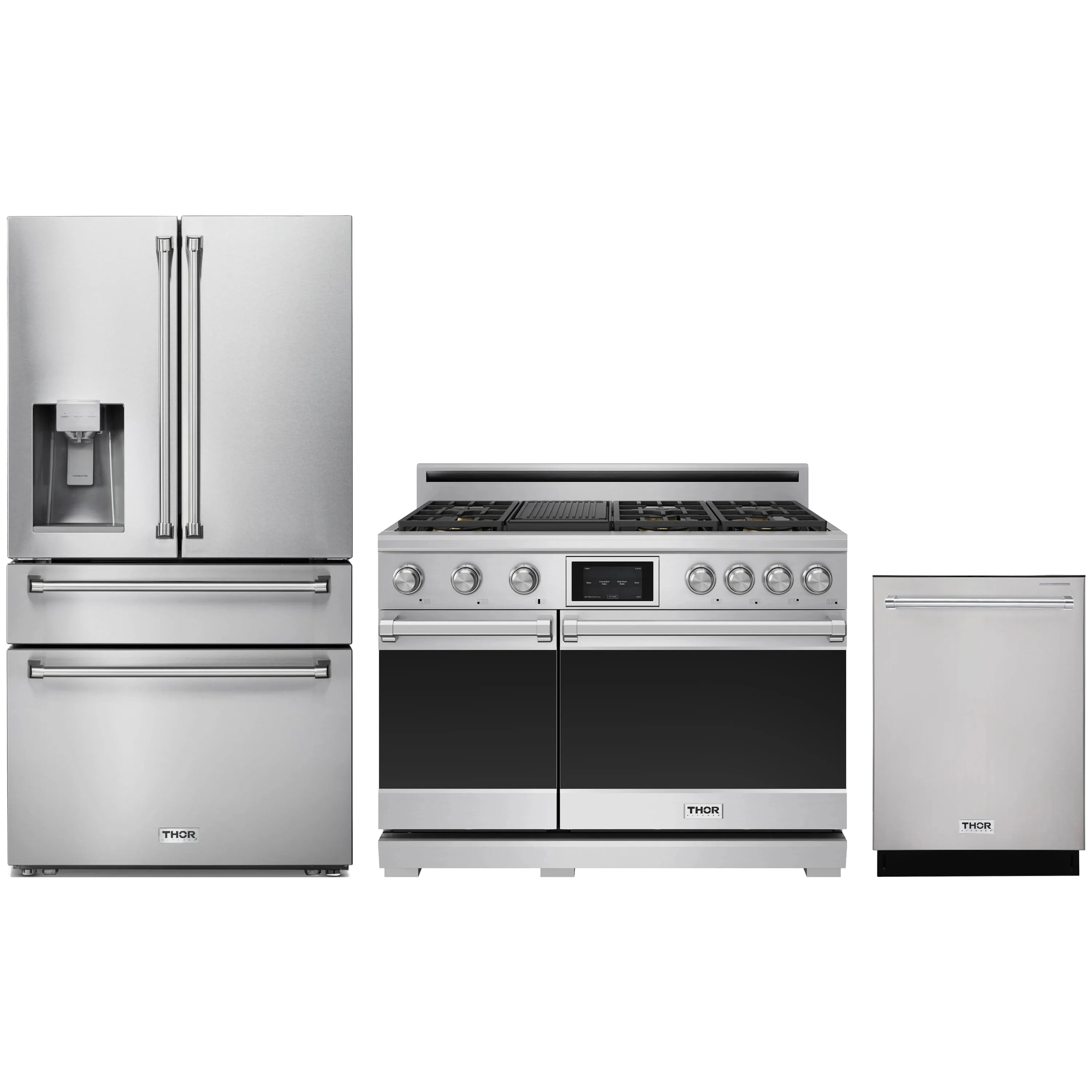 Stainless steel 3-piece appliance package with refrigerator, dual-fuel range, and dishwasher