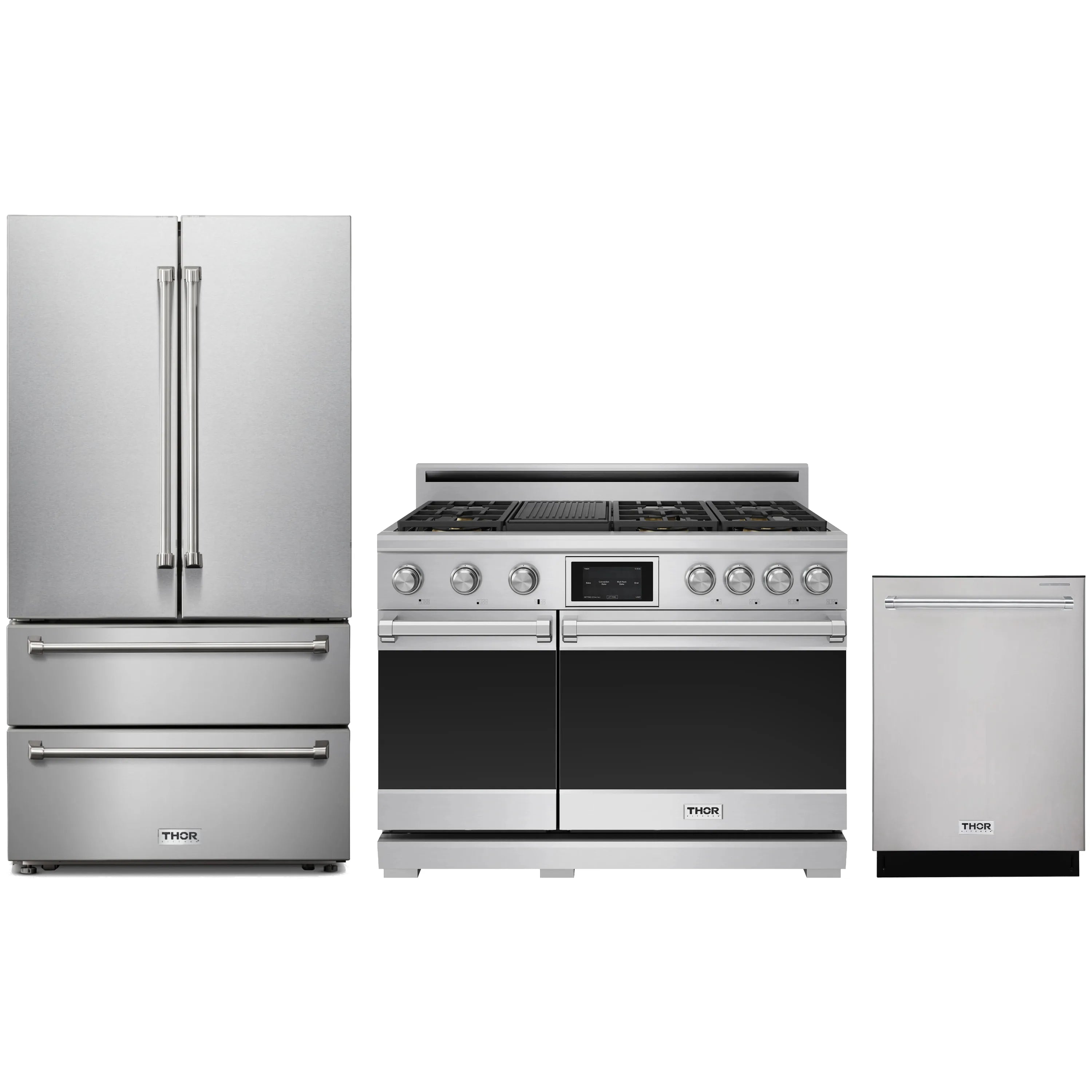 Stainless steel appliance package with refrigerator, dual-fuel range, and built-in dishwasher