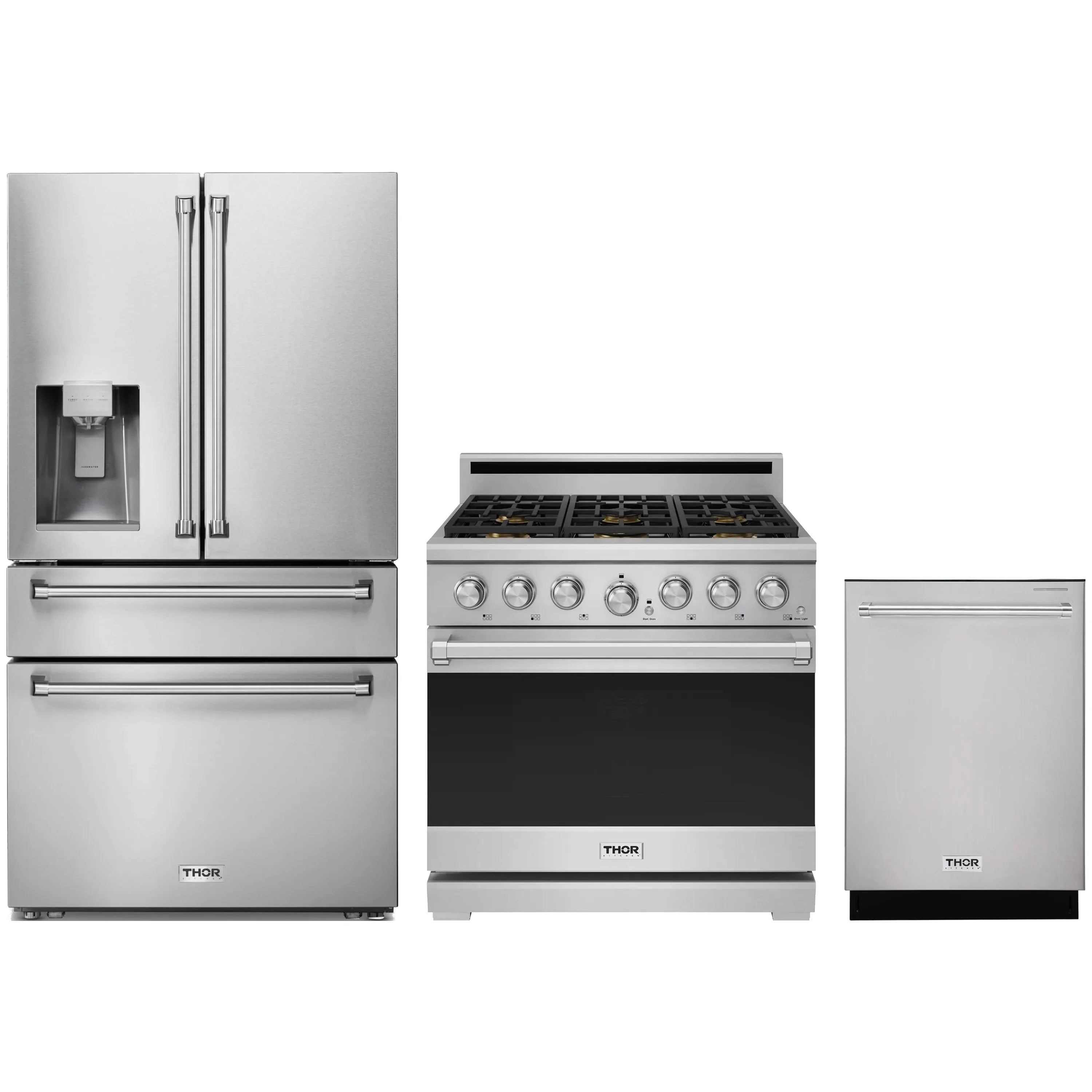Stainless kitchen appliance package with refrigerator, gas range, and dishwasher
