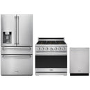 Stainless steel Thor Kitchen appliance package with 36-inch range, refrigerator with water dispenser, dishwasher