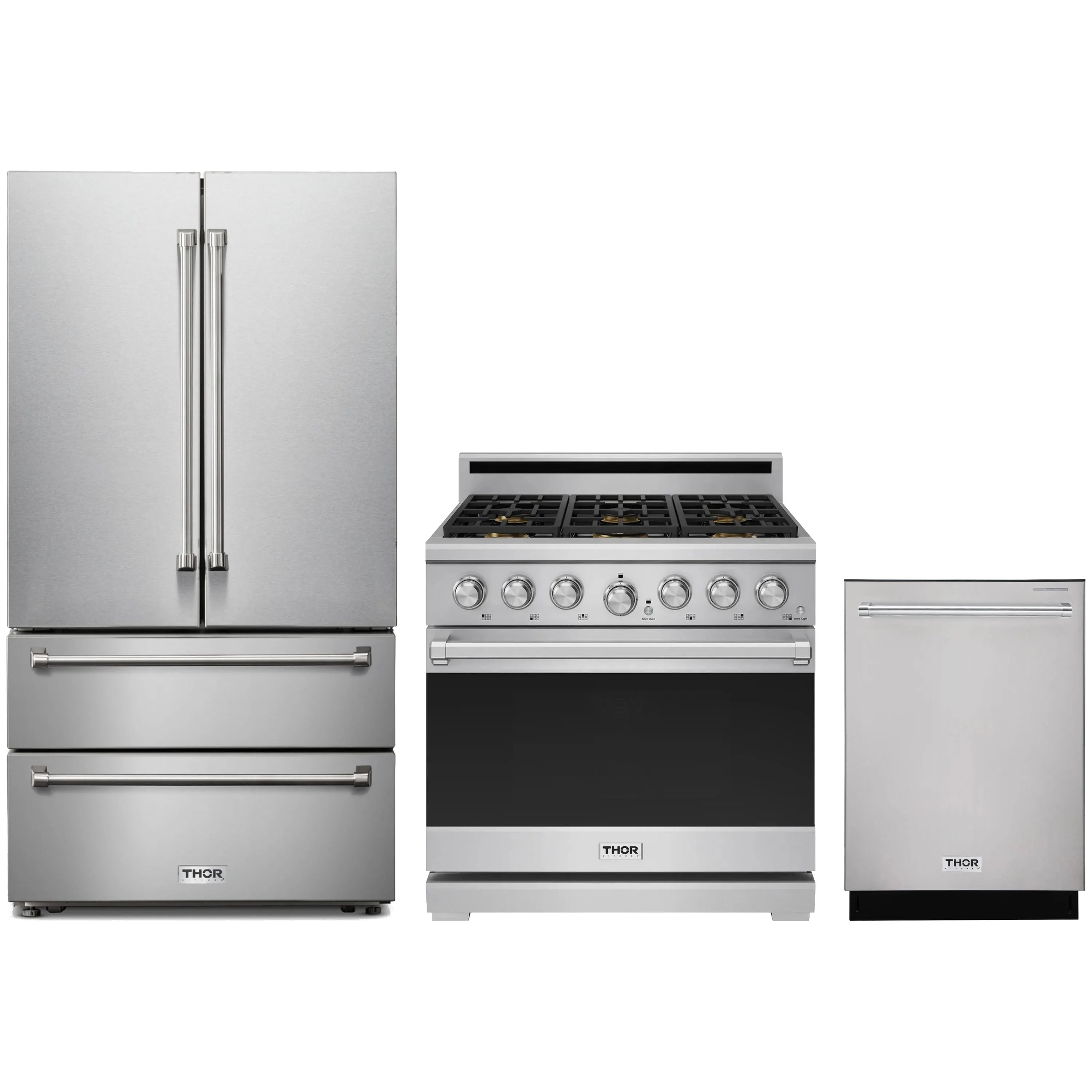Stainless steel Thor appliance set: refrigerator, gas range, and dishwasher