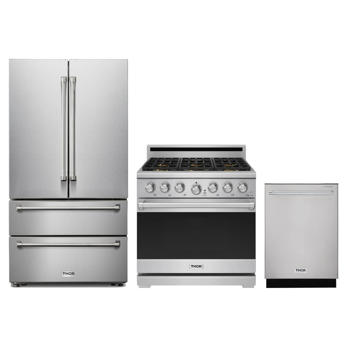 Thor Kitchen 3-Piece Appliance Package - 36-Inch Propane Gas Range, French Door Refrigerator, & Dishwasher in Stainless Steel