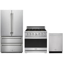 Stainless steel Thor Kitchen appliance package with 36-inch range, french door refrigerator, dishwasher