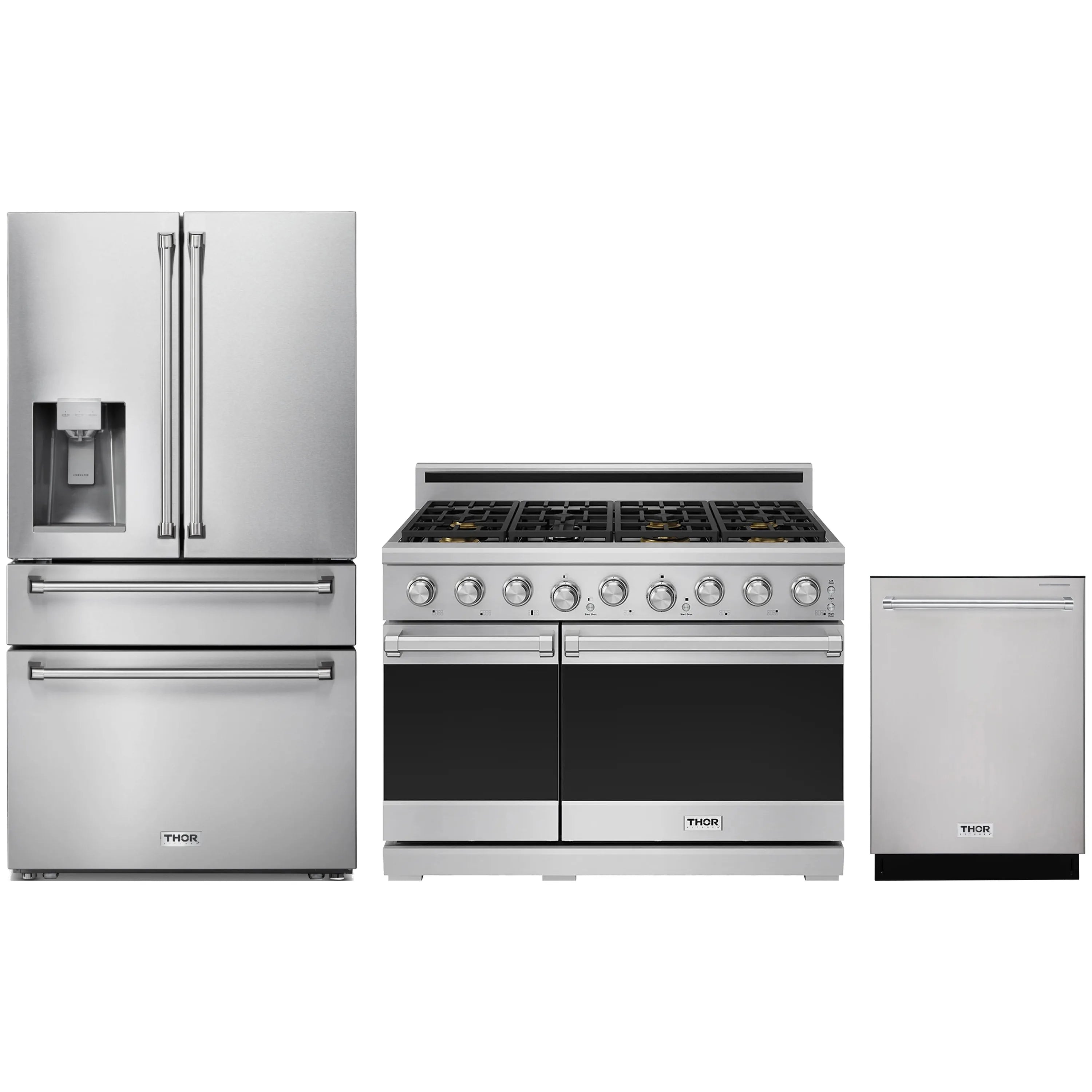 Stainless steel kitchen appliance set: refrigerator, gas range, and dishwasher
