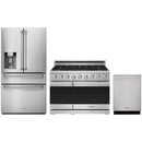 Stainless steel Thor Kitchen appliance package with 36-inch range, refrigerator with water dispenser, dishwasher
