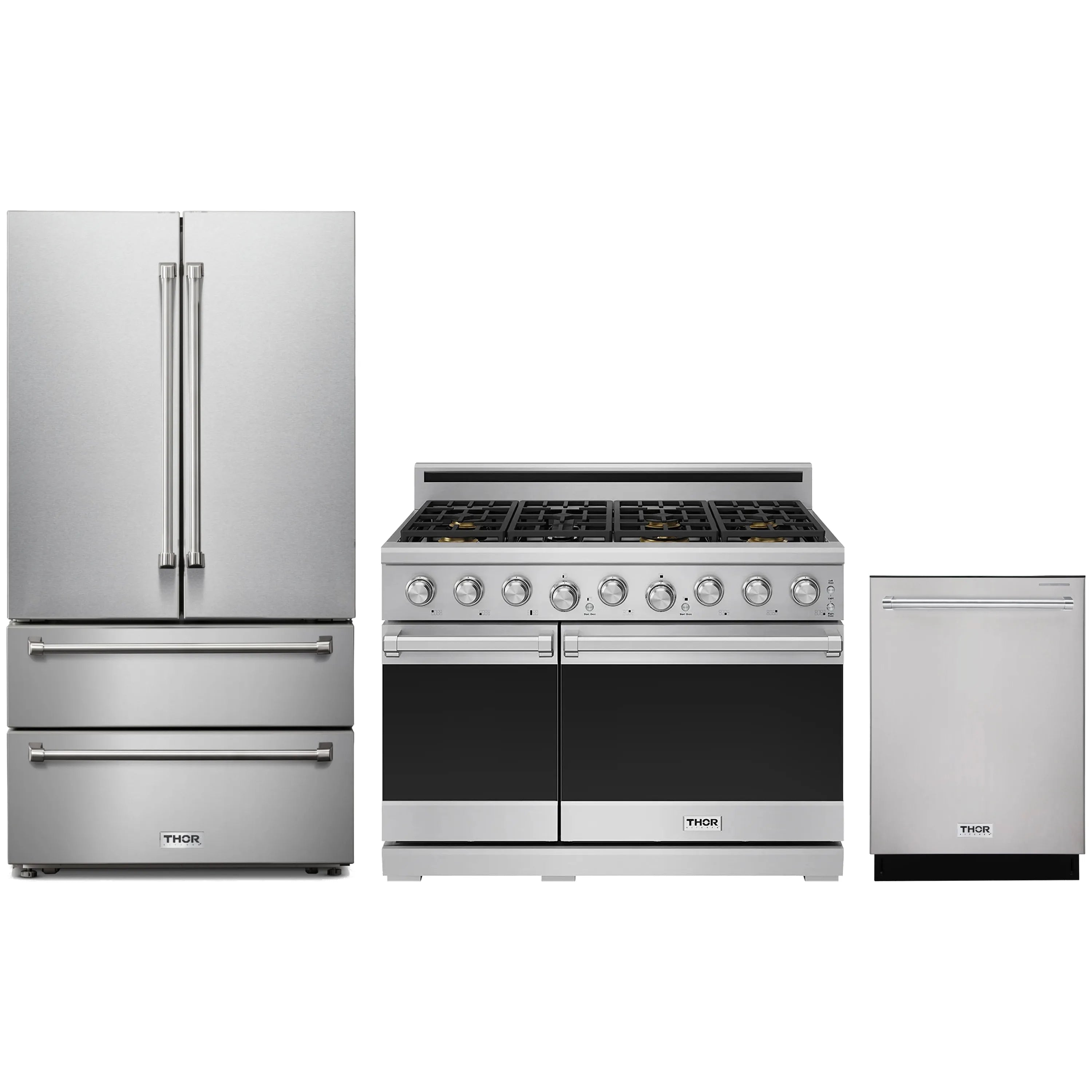 Stainless steel appliance package: range with knobs, French door refrigerator, compact dishwasher
