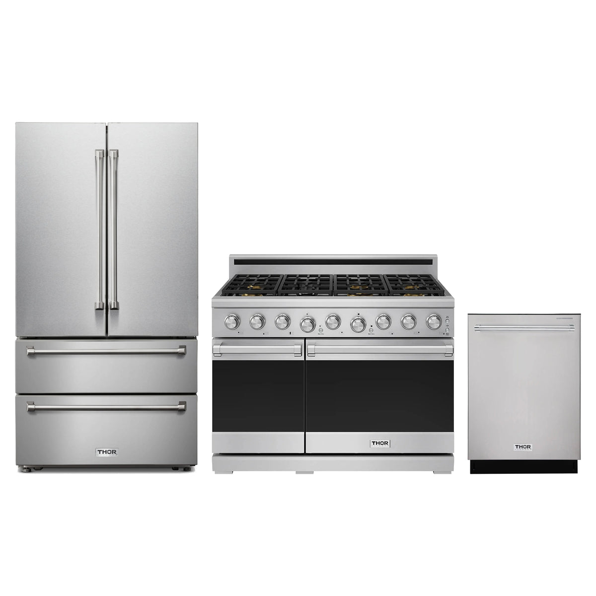 Thor Kitchen 3-Piece Appliance Package - 48-Inch Natural Gas Range, French Door Refrigerator, & Dishwasher in Stainless Steel