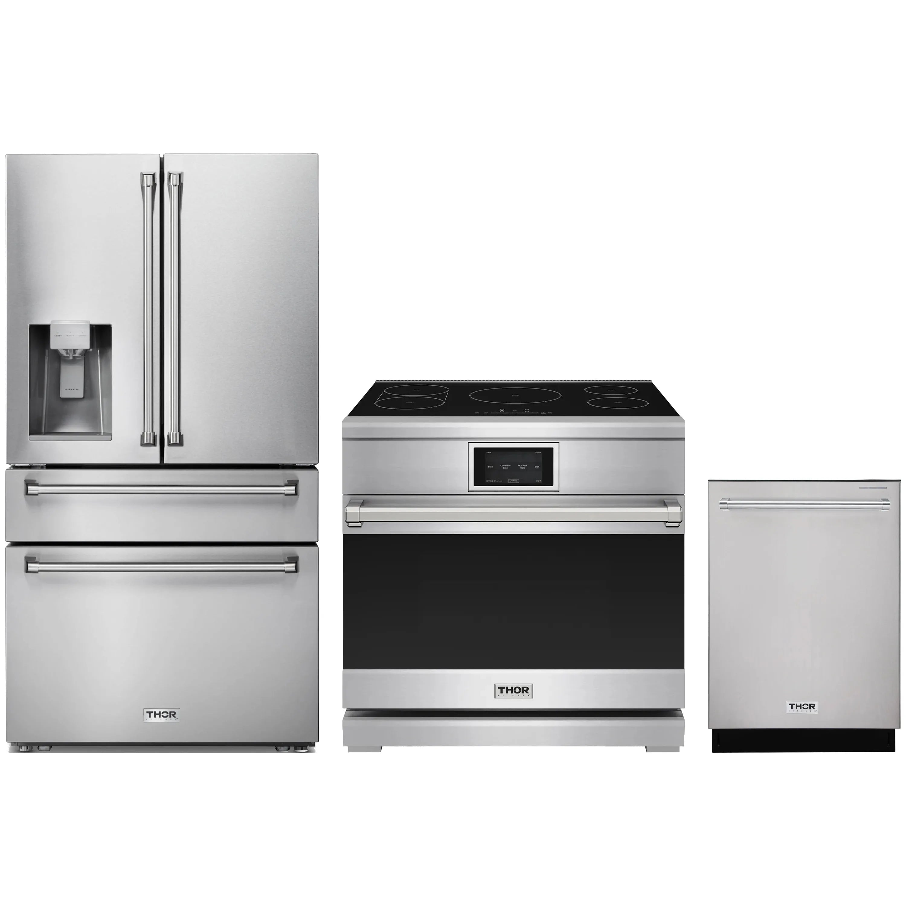 Stainless appliance package with refrigerator, induction range, and dishwasher