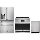 Stainless steel Thor Kitchen appliance package with 36-inch range, refrigerator with water dispenser, dishwasher