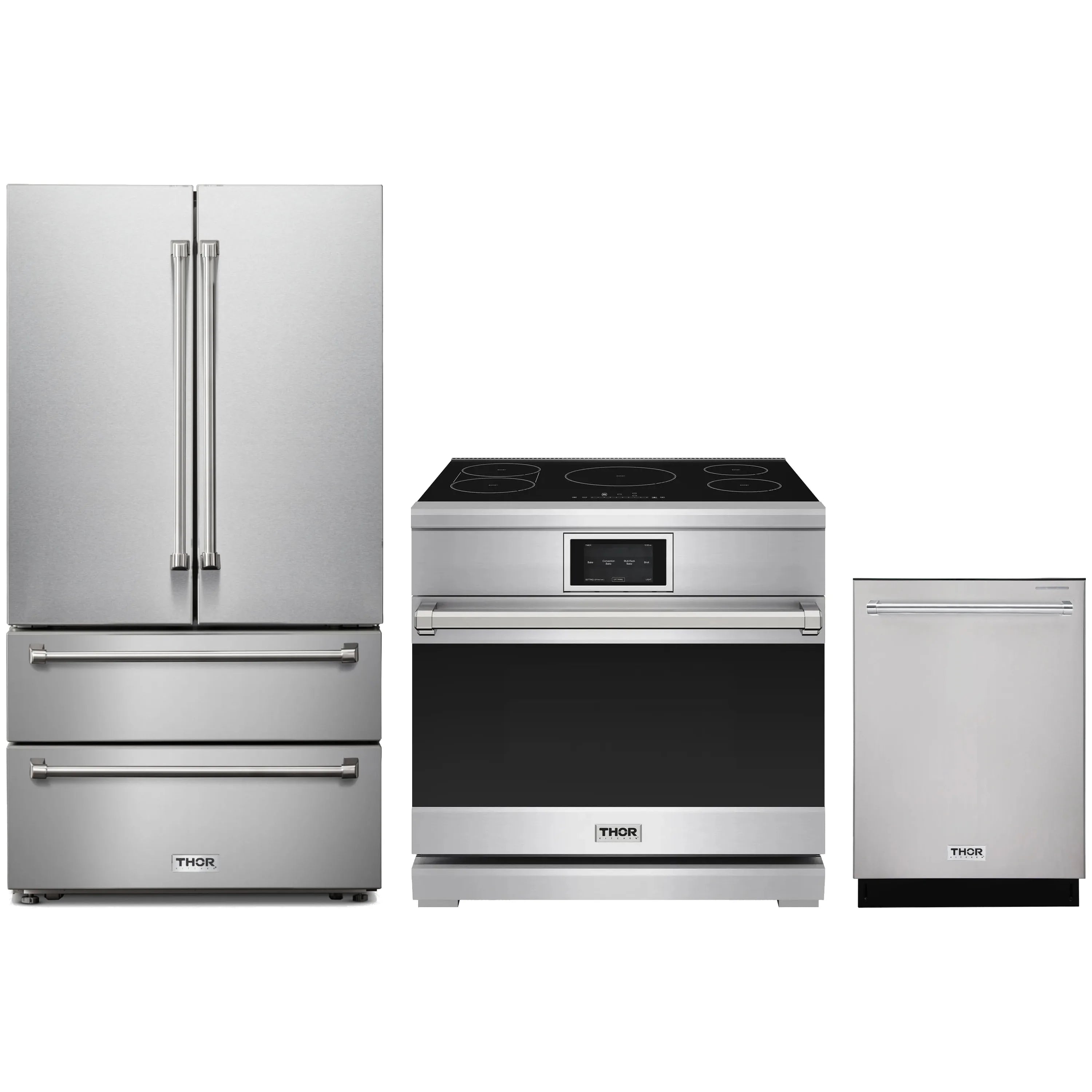 3-piece stainless steel kitchen appliance set: refrigerator, range, and dishwasher