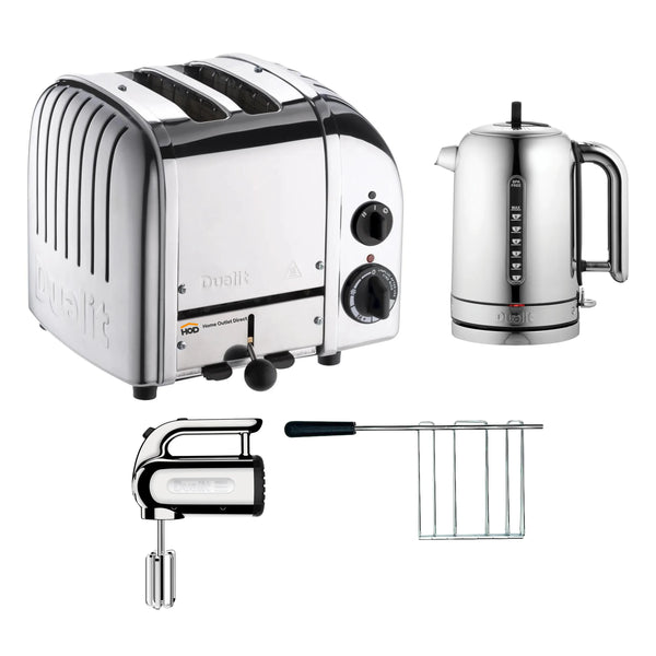 Dualit Small Appliance Package with 2-Slice Toaster, Kettle, Hand Mixer and Sandwich Cage in Polished Chrome