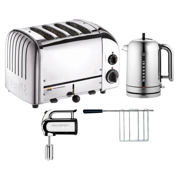 Dualit Small Appliance Package with 4-Slice Toaster, Kettle, Hand Mixer and Sandwich Cage in Polished Chrome