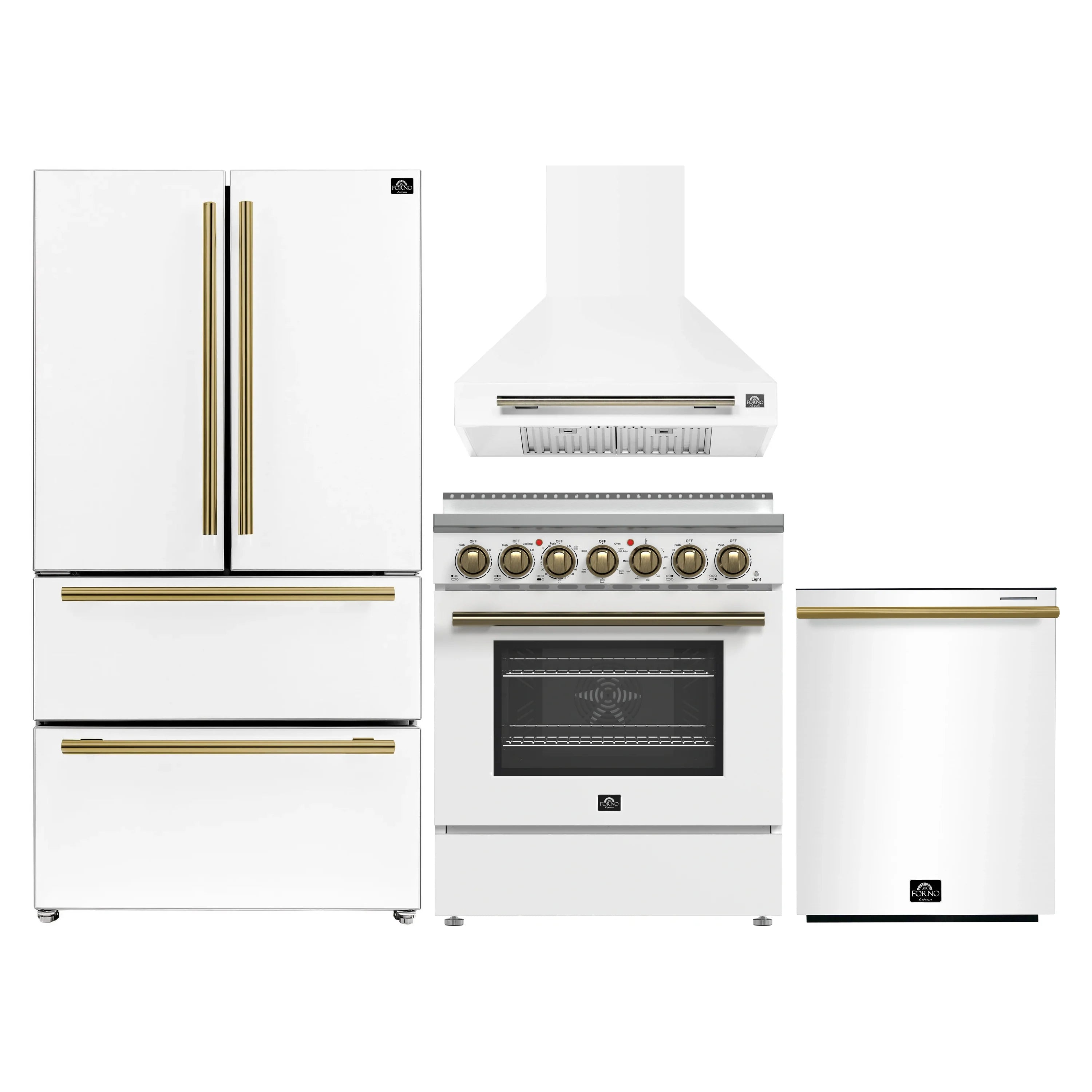 White kitchen appliance set with gold handles: fridge, range, and dishwasher