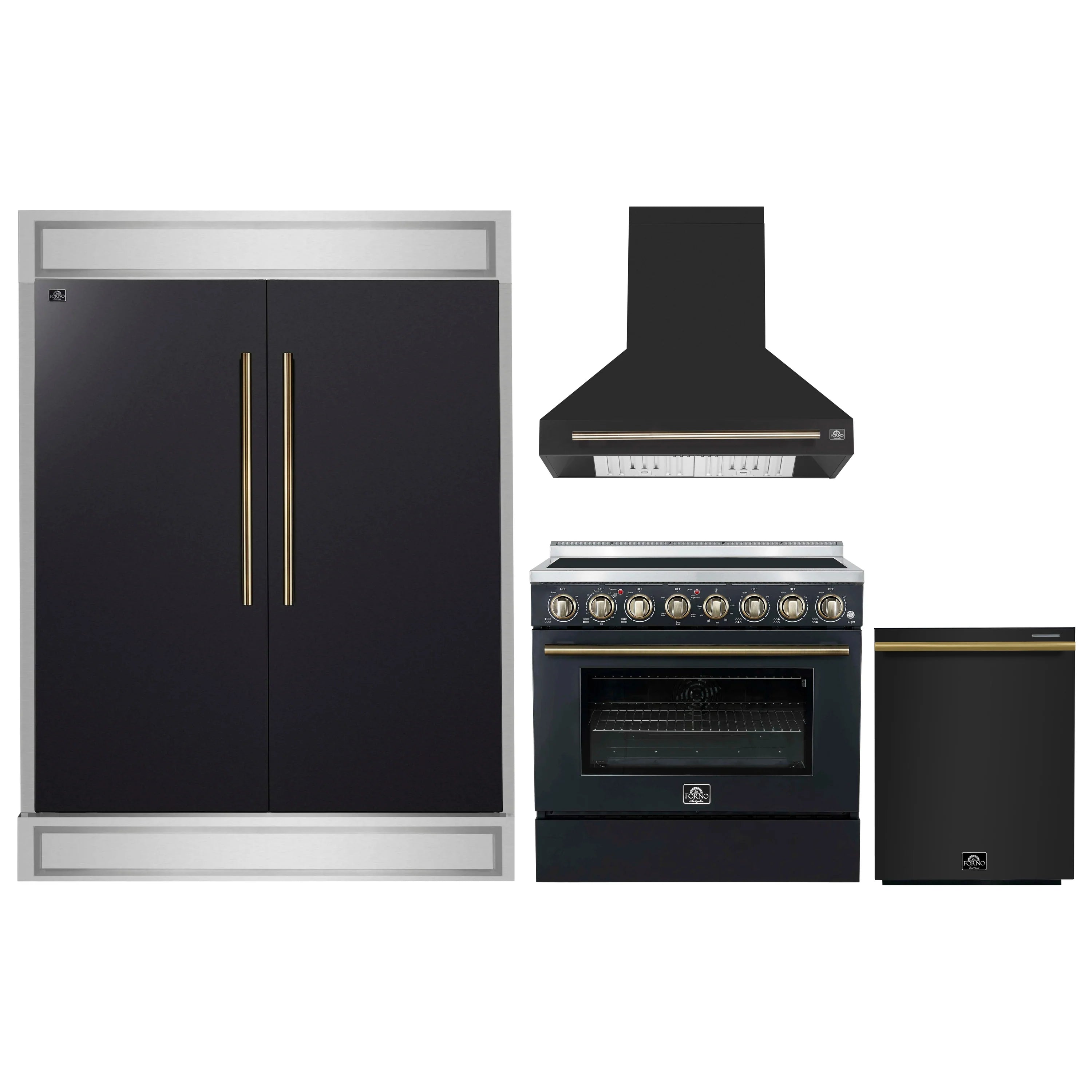 Black appliance set with gold-tone refrigerator handles, range, and hood