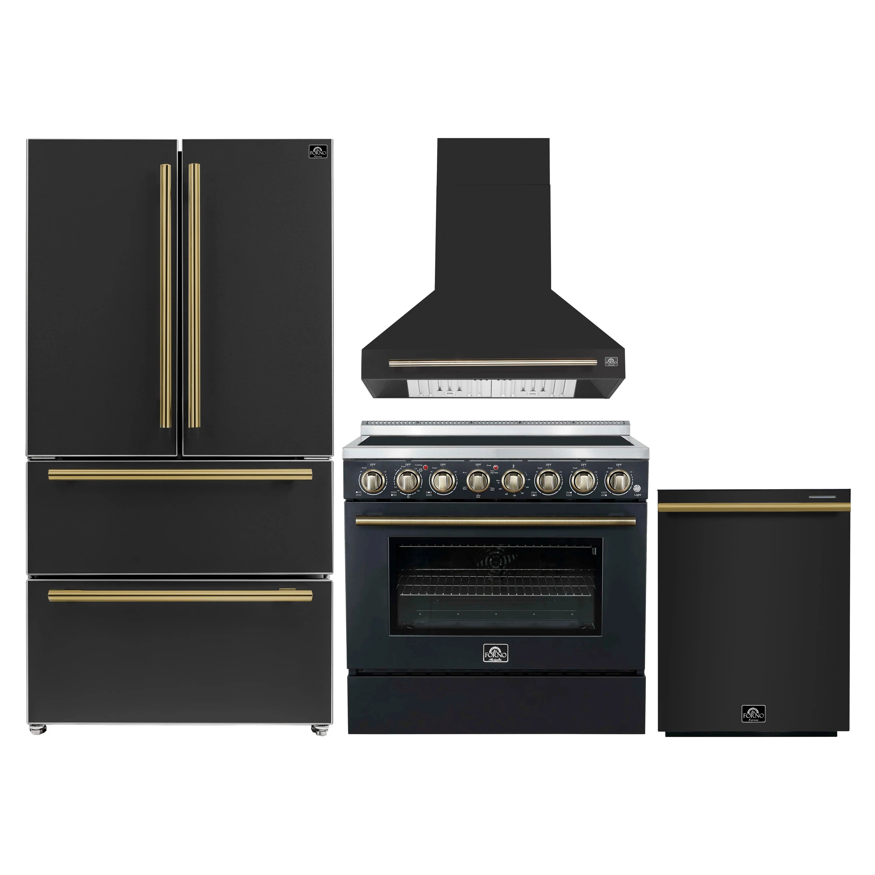 Black kitchen appliance set: refrigerator, range hood, electric range, dishwasher
