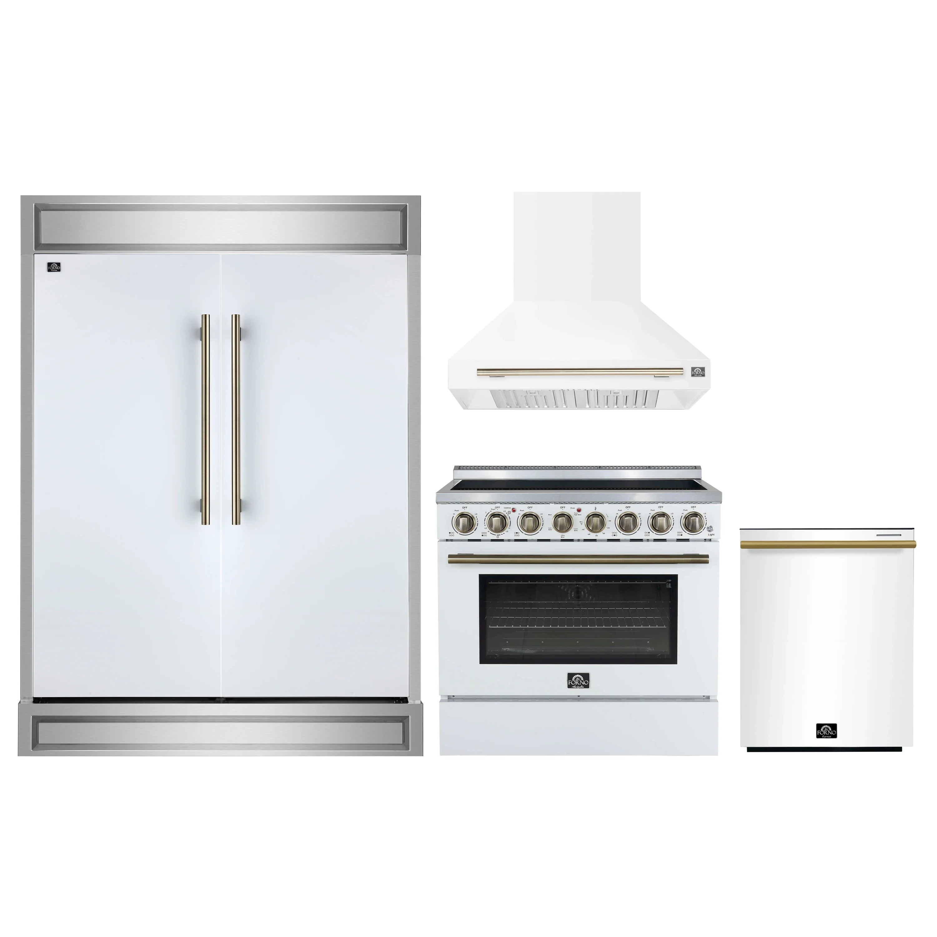 White 4-piece appliance package with refrigerator, electric range, range hood, dishwasher