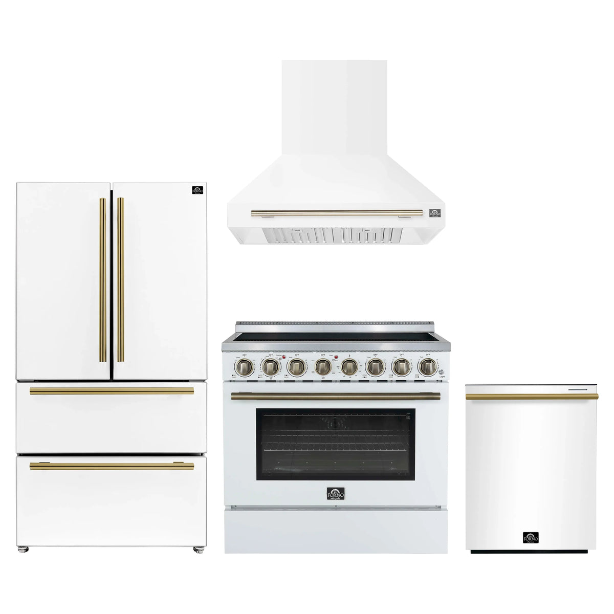 Forno 4-Piece Appliance Package - 36-Inch Electric Range, Wall Mount Range Hood, 36-Inch Refrigerator, and Dishwasher in White with Antique Brass Trim