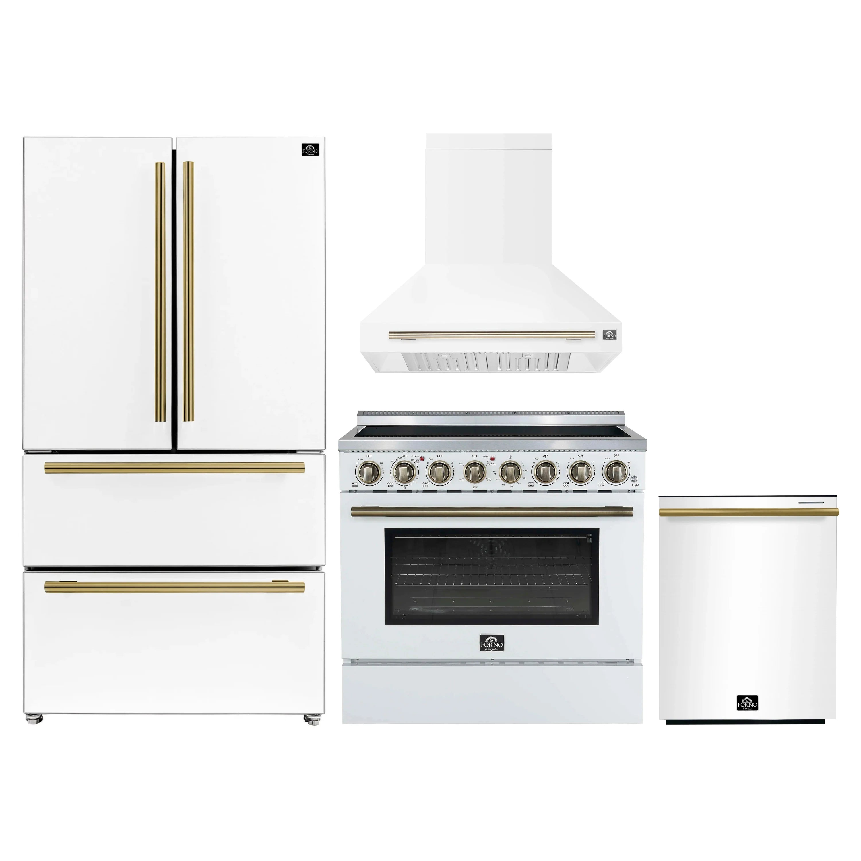 White 4-piece kitchen appliance set with antique brass accents