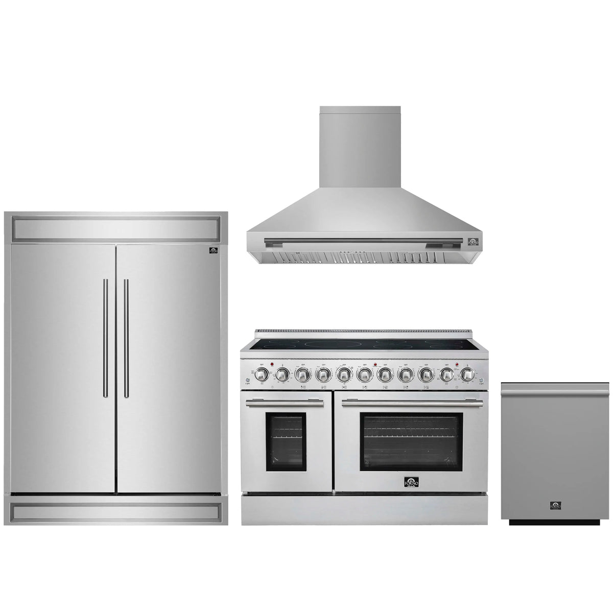 Forno 4-Piece Appliance Package - 48-Inch Electric Range, Wall Mount Range Hood, 60-Inch Refrigerator, and Dishwasher in Stainless Steel