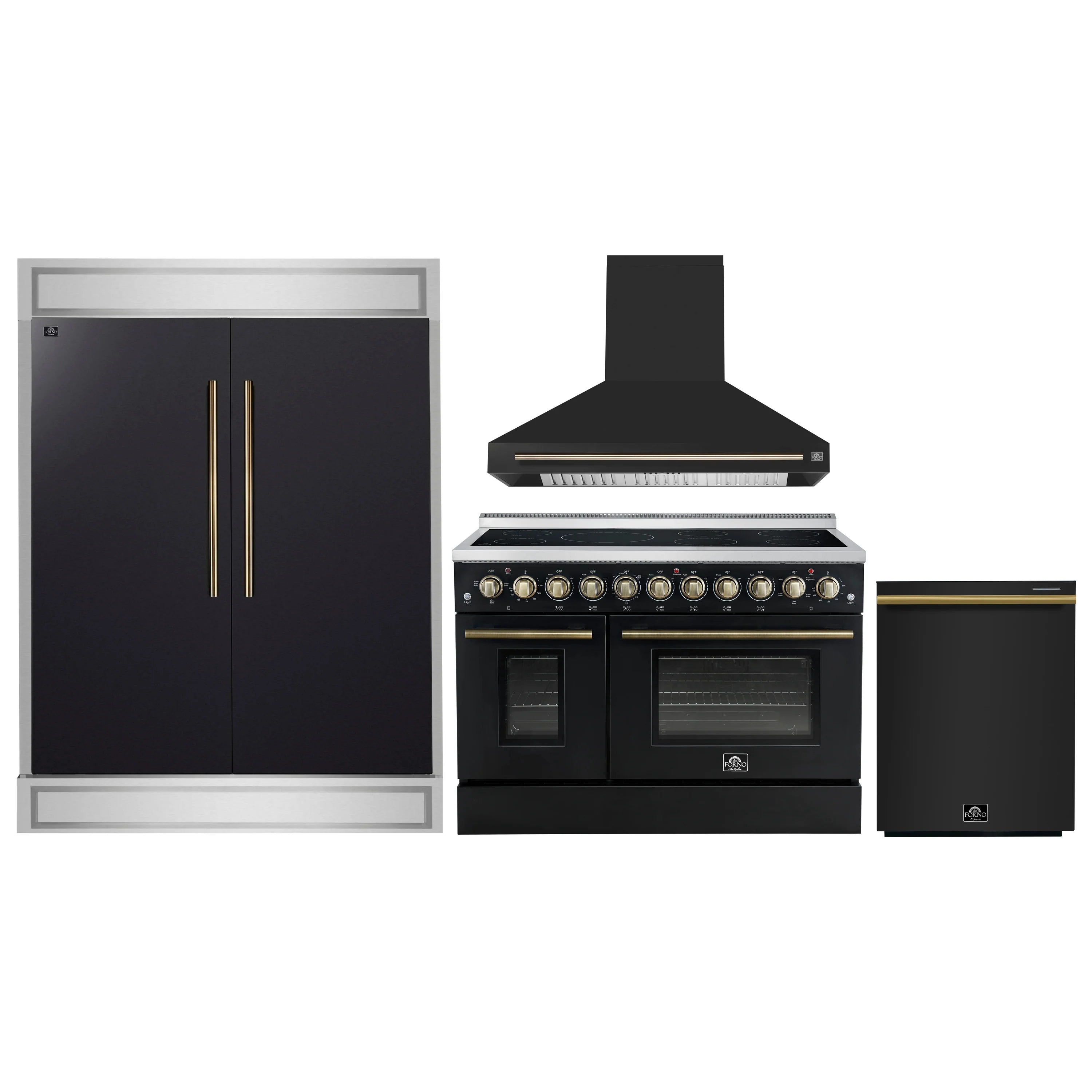 Black kitchen appliance set with refrigerator, electric range, and dishwasher, gold handles