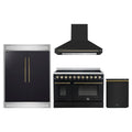 Forno 4-Piece Appliance Package - 48-Inch Electric Range, Wall Mount Range Hood, 60-Inch Refrigerator, and Dishwasher in Black with Antique Brass Trim