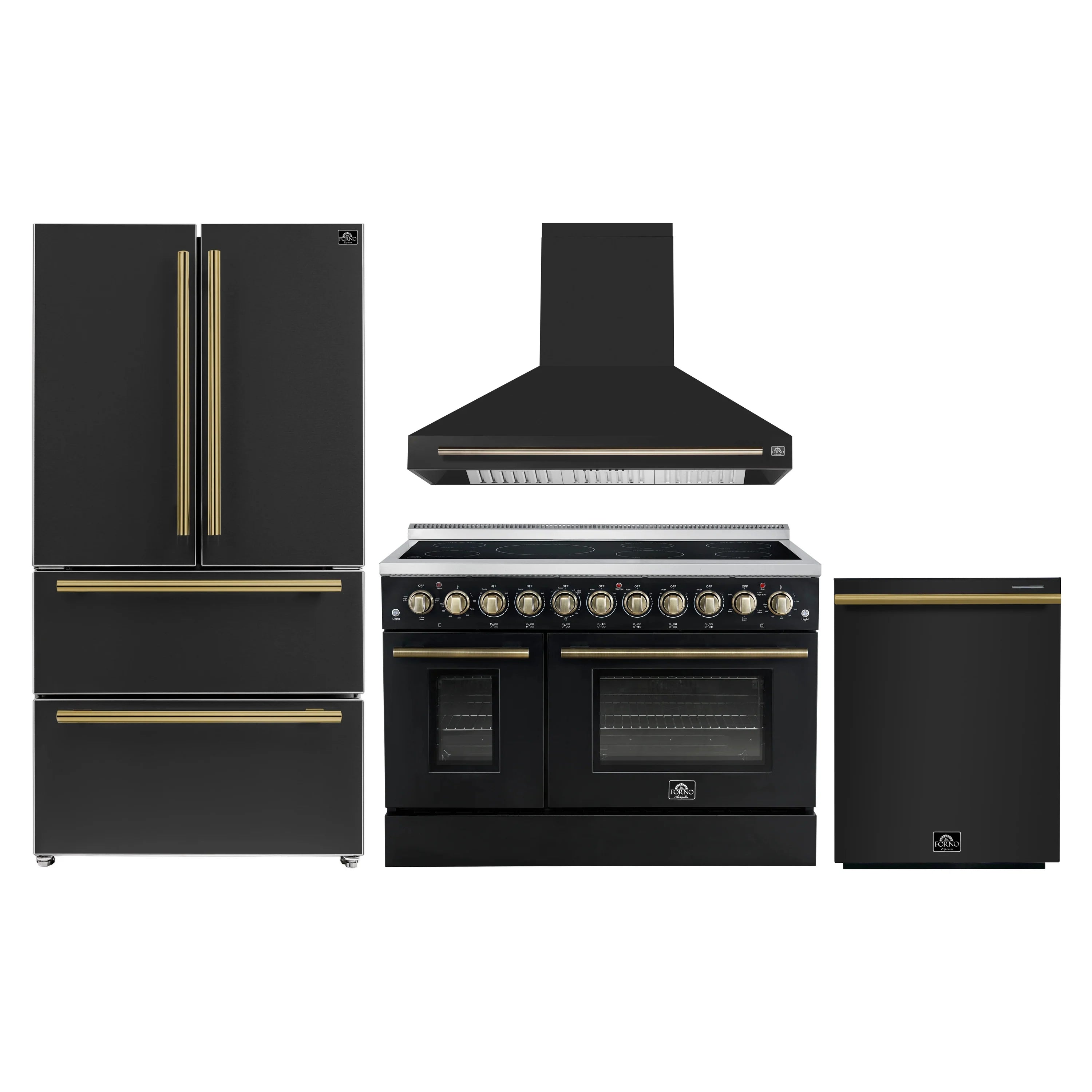 Black appliance set with antique brass-accented range, refrigerator, and dishwasher