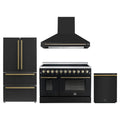 Forno 4-Piece Appliance Package - 48-Inch Electric Range, Wall Mount Range Hood, 36-Inch Refrigerator, and Dishwasher in Black with Antique Brass Trim