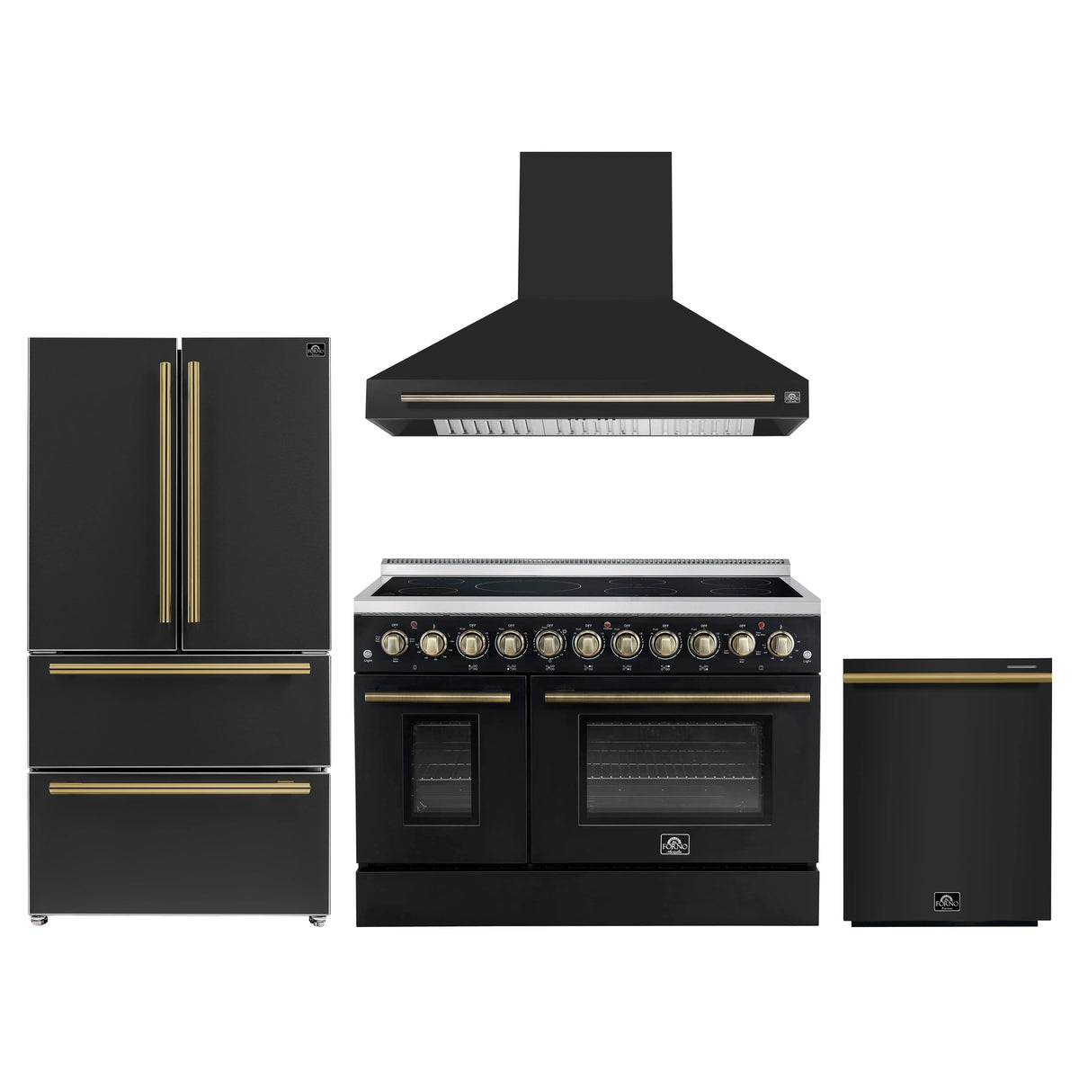 Forno 4-Piece Appliance Package - 48-Inch Electric Range, Wall Mount Range Hood, 36-Inch Refrigerator, and Dishwasher in Black with Antique Brass Trim