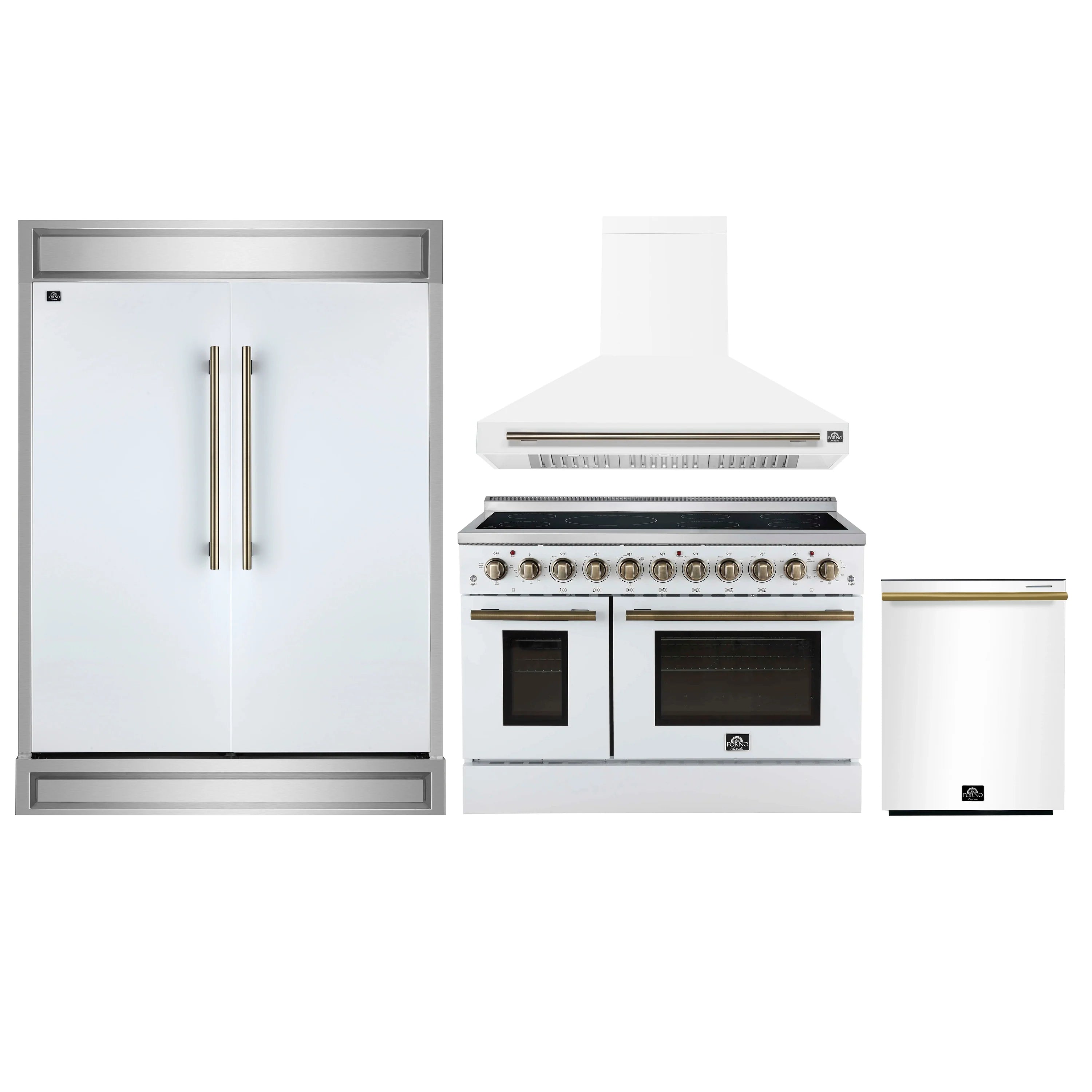 White appliance set with electric range, wall hood, and refrigerator door with brass handles