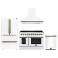 Forno 4-Piece Appliance Package - 48-Inch Electric Range, Wall Mount Range Hood, 36-Inch Refrigerator, and Dishwasher in White with Antique Brass Trim