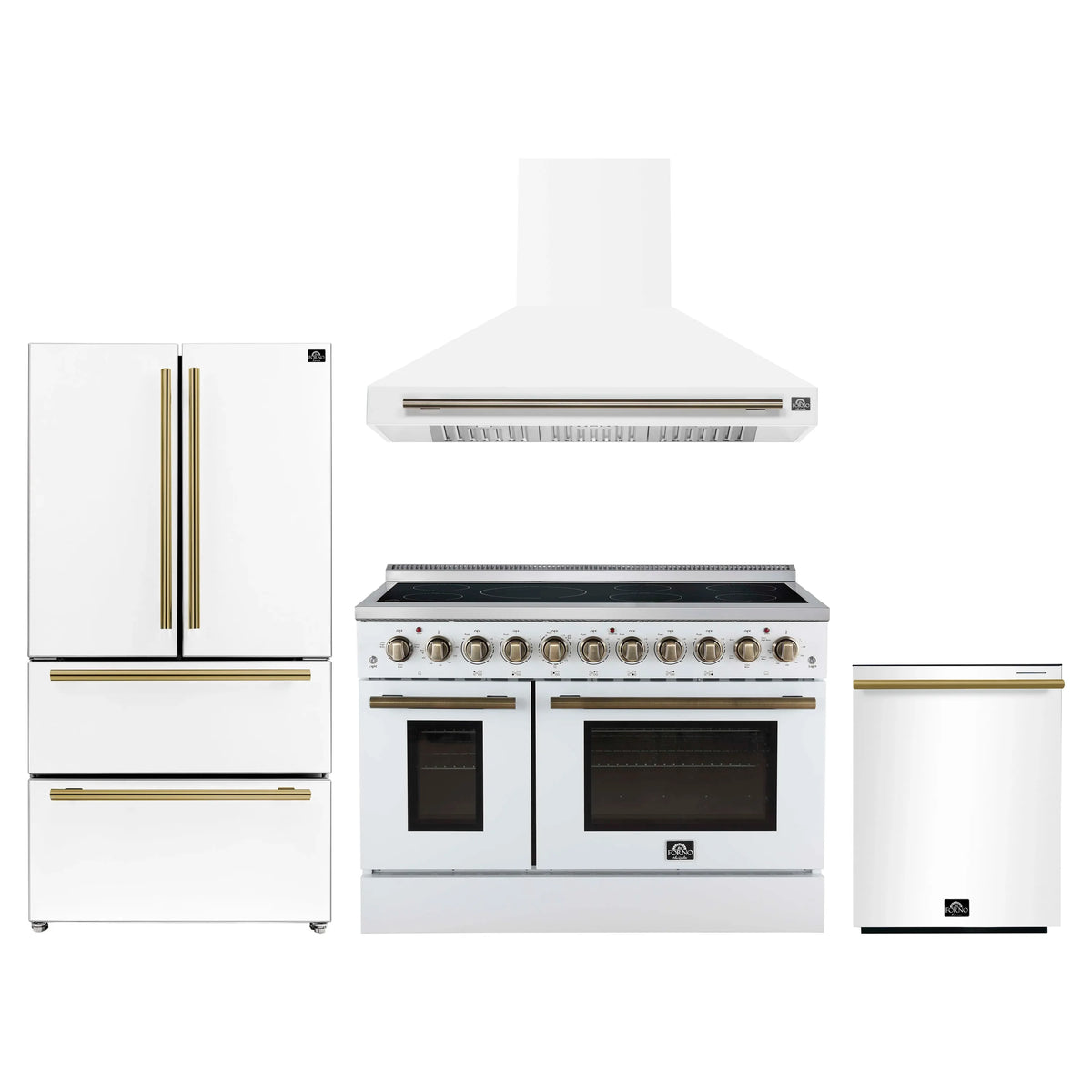 Forno 4-Piece Appliance Package - 48-Inch Electric Range, Wall Mount Range Hood, 36-Inch Refrigerator, and Dishwasher in White with Antique Brass Trim