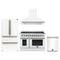 Forno 4-Piece Appliance Package - 48-Inch Electric Range, Wall Mount Range Hood, 36-Inch Refrigerator, and Dishwasher in White with Antique Brass Trim