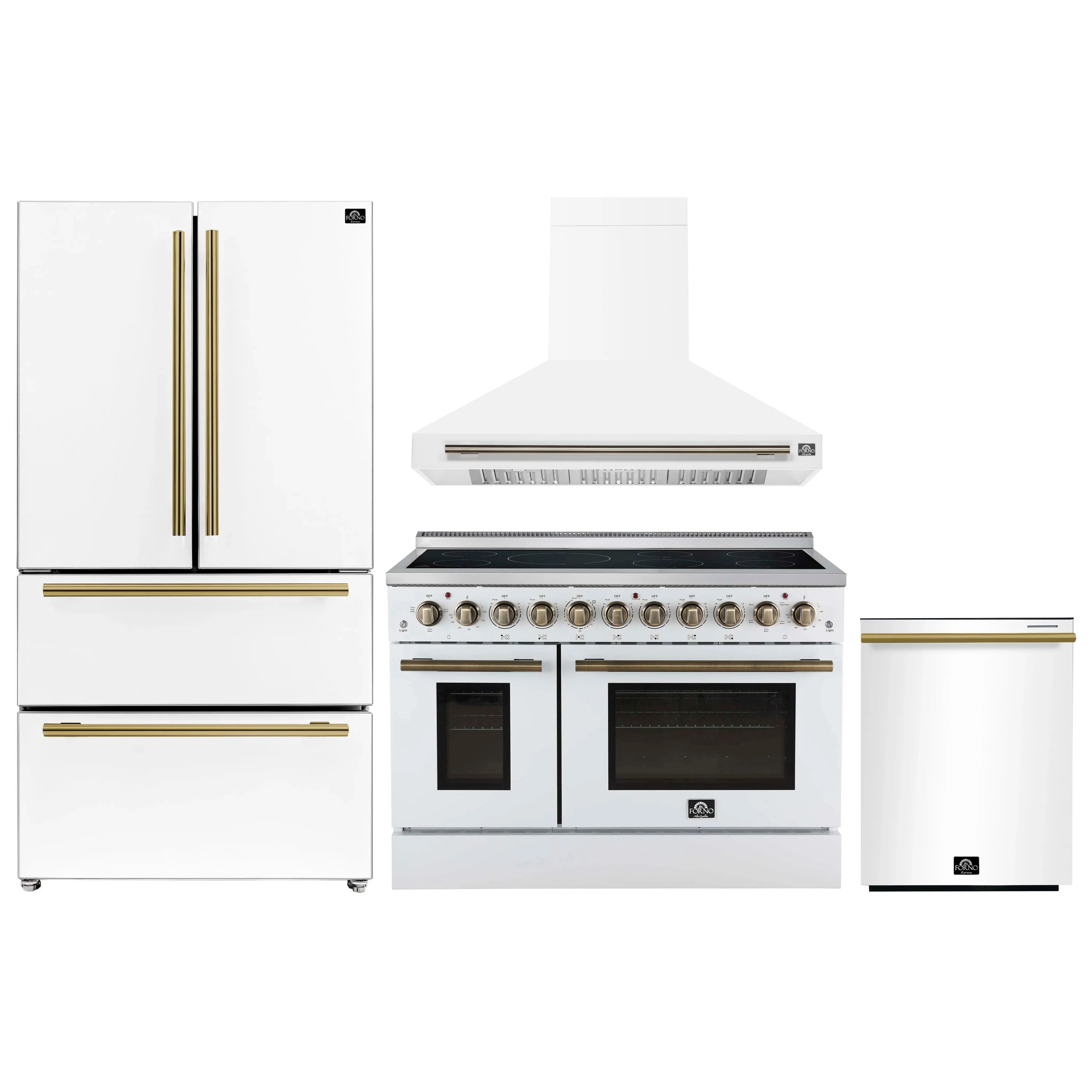 White appliance set with refrigerator, electric range, and wall hood with brass accents