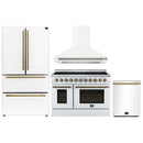 Forno 4-Piece Appliance Package - 48-Inch Electric Range, Wall Mount Range Hood, 36-Inch Refrigerator, and Dishwasher in White with Antique Brass Handle