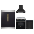 Forno 4-Piece Appliance Package - 30-Inch Electric Range, Wall Mount Range Hood, 60-Inch Refrigerator, and Dishwasher in Black with Antique Brass Trim