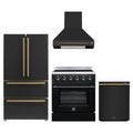 Forno 4-Piece Appliance Package - 30-Inch Electric Range, Wall Mount Range Hood, 36-Inch Refrigerator, and Dishwasher in Black with Antique Brass Trim