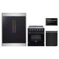 Forno 4-Piece Appliance Package - 30-Inch Electric Range, 60-Inch Refrigerator, 24-Inch Microwave Drawer, & Dishwasher in Black with Antique Brass Trim