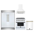 Forno 4-Piece Appliance Package - 30-Inch Electric Range, Wall Mount Range Hood, 60-Inch Refrigerator, and Dishwasher in White with Antique Brass Trim