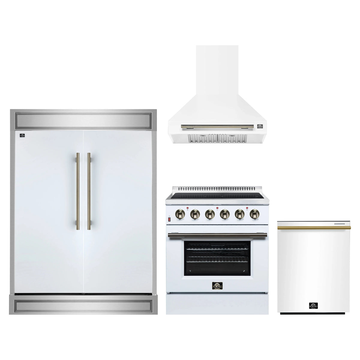Forno 4-Piece Appliance Package - 30-Inch Electric Range, Wall Mount Range Hood, 60-Inch Refrigerator, and Dishwasher in White with Antique Brass Trim