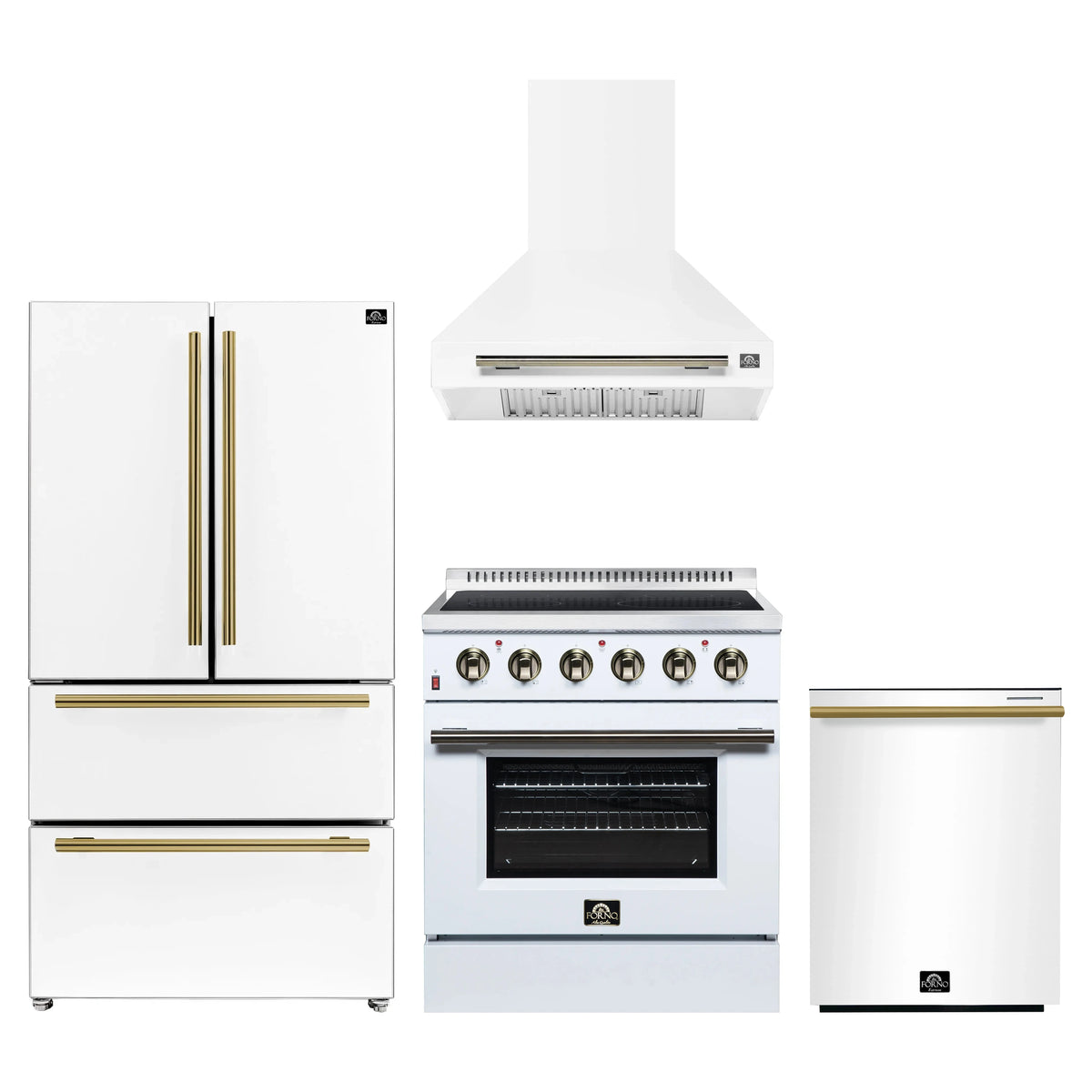Forno 4-Piece Appliance Package - 30-Inch Electric Range, Wall Mount Range Hood, 36-Inch Refrigerator, and Dishwasher in White with Antique Brass Trim