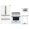 Forno 4-Piece Appliance Package - 30-Inch Electric Range, 36-Inch Refrigerator, 24-Inch Microwave Drawer, & Dishwasher in White with Antique Brass Trim