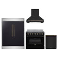 Forno 4-Piece Appliance Package - 36-Inch Electric Range, Wall Mount Range Hood, 60-Inch Refrigerator, and Dishwasher in Black with Antique Brass Trim