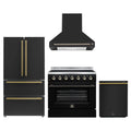 Forno 4-Piece Appliance Package - 36-Inch Electric Range, Wall Mount Range Hood, 36-Inch Refrigerator, and Dishwasher in Black with Antique Brass Trim