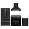 Forno 4-Piece Appliance Package - 36-Inch Electric Range, Wall Mount Range Hood, 36-Inch Refrigerator, and Dishwasher in Black with Antique Brass Trim