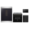 Forno 4-Piece Appliance Package - 36-Inch Electric Range, 60-Inch Refrigerator, 24-Inch Microwave Drawer, & Dishwasher in Black with Antique Brass Trim